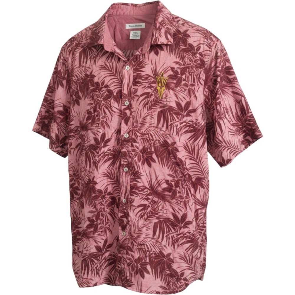 Tommy Bahama Shirt Mens XL Pink Palm ASU Sun‎ Devils Pima Cotton Button Up